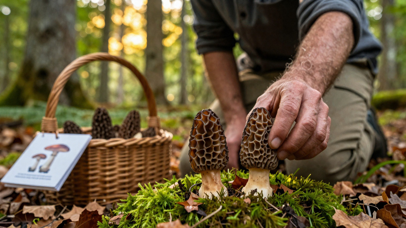 Pessoa apanha cogumelos morel na floresta com cesta onde estão guardados outros cogumelos.