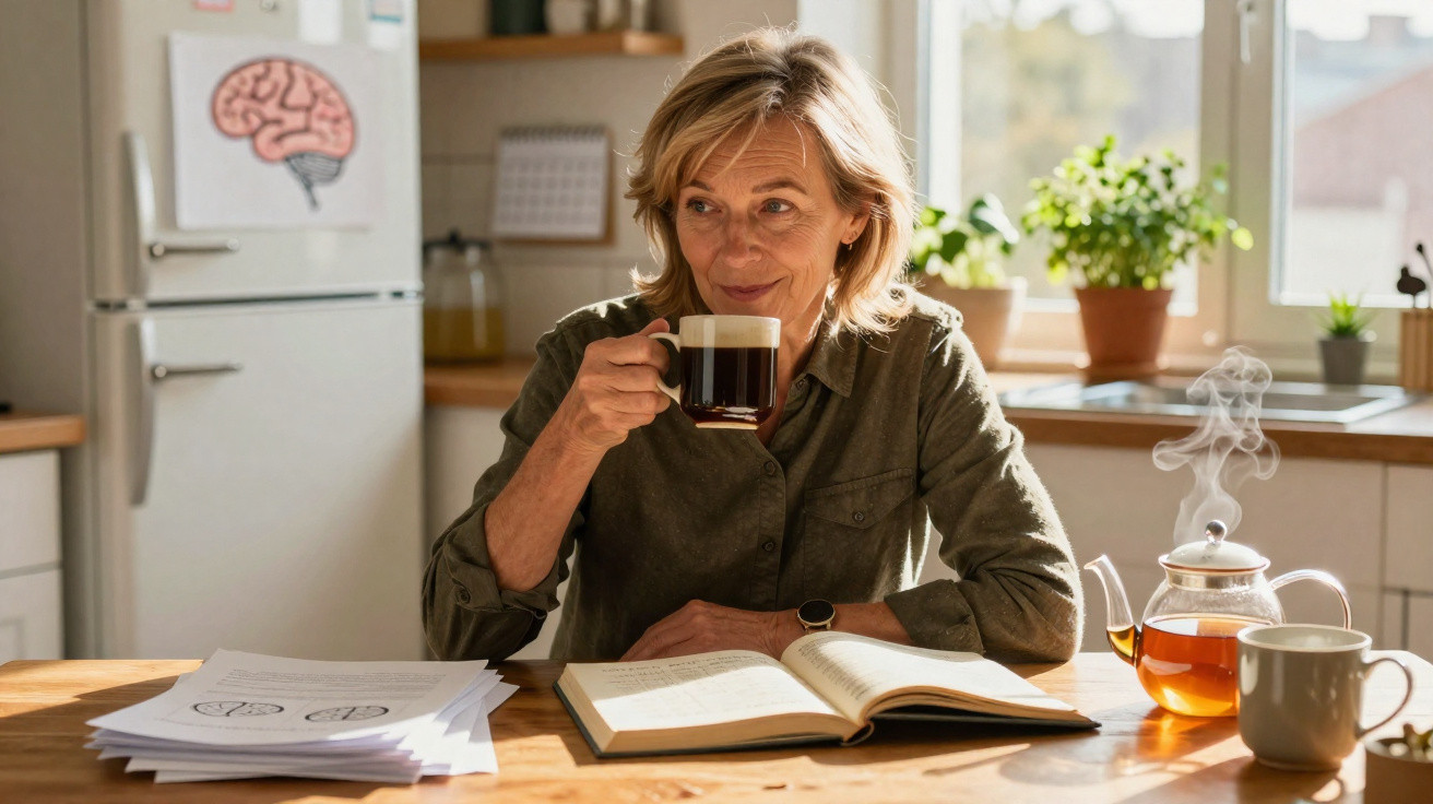 Mulher madura a beber café numa cozinha iluminada, com livros e chá quente numa mesa de madeira.