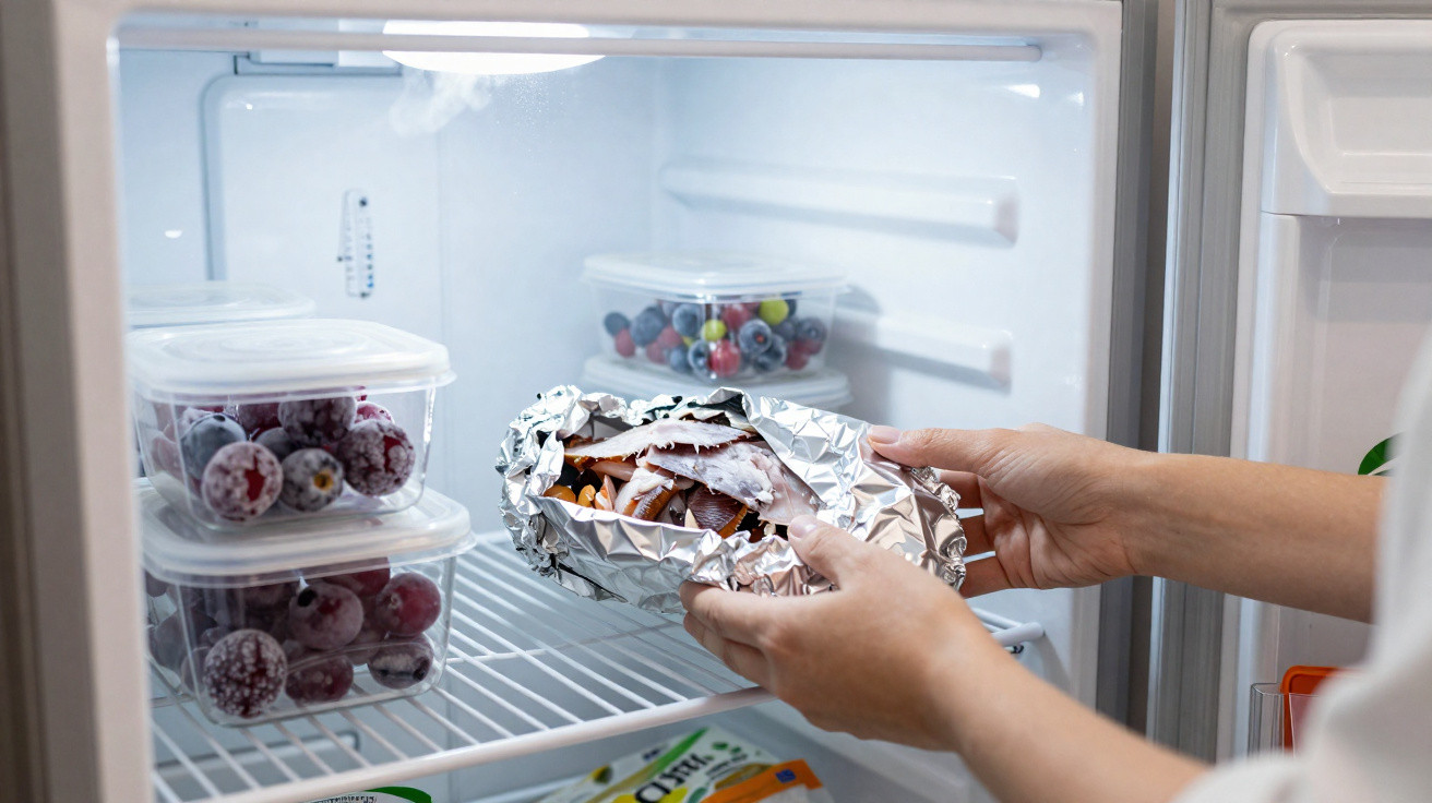 Mãos a guardar peixe embrulhado em papel de alumínio no frigorífico com frutas em caixas plásticas.