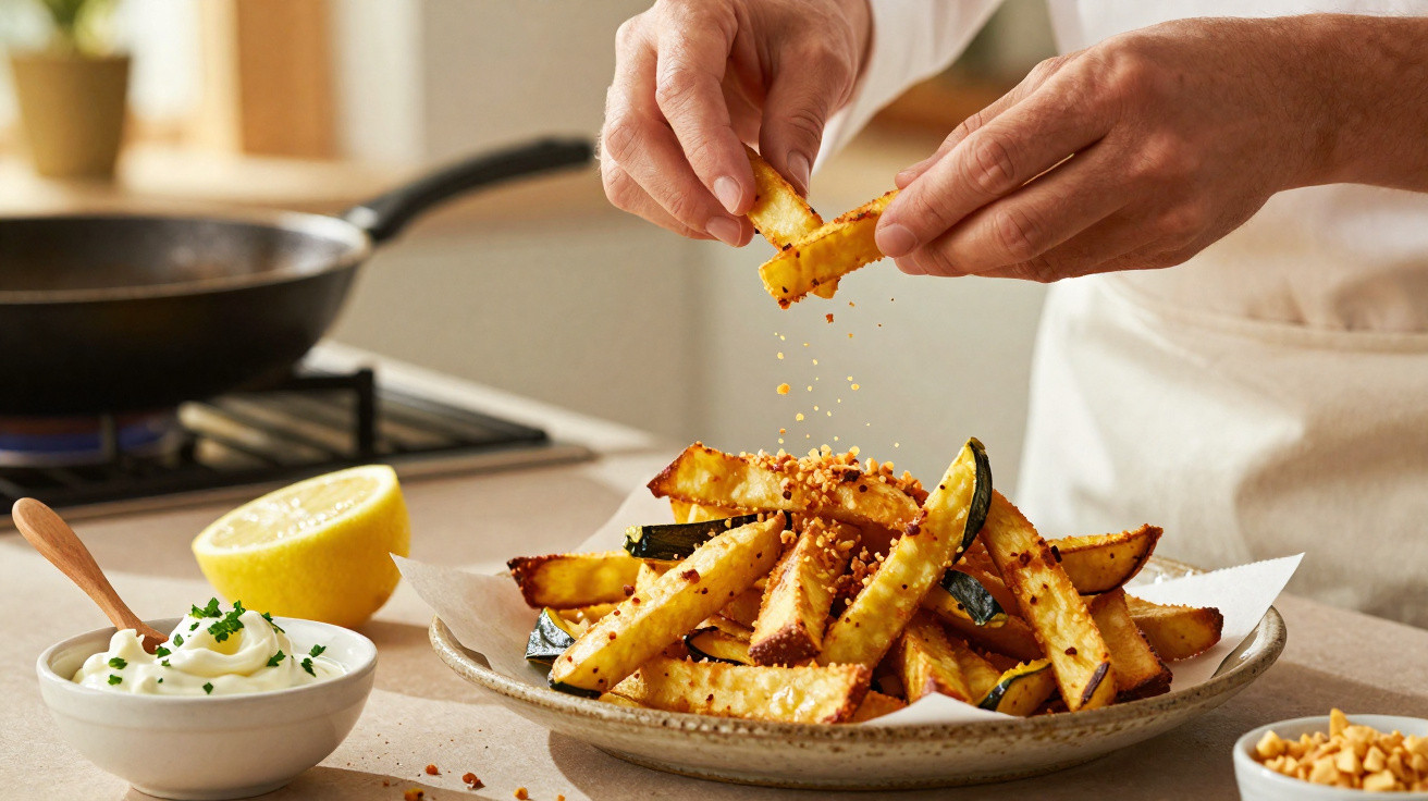 Mãos a polvilhar especiarias sobre batatas fritas caseiras num prato com molho e limão ao lado.