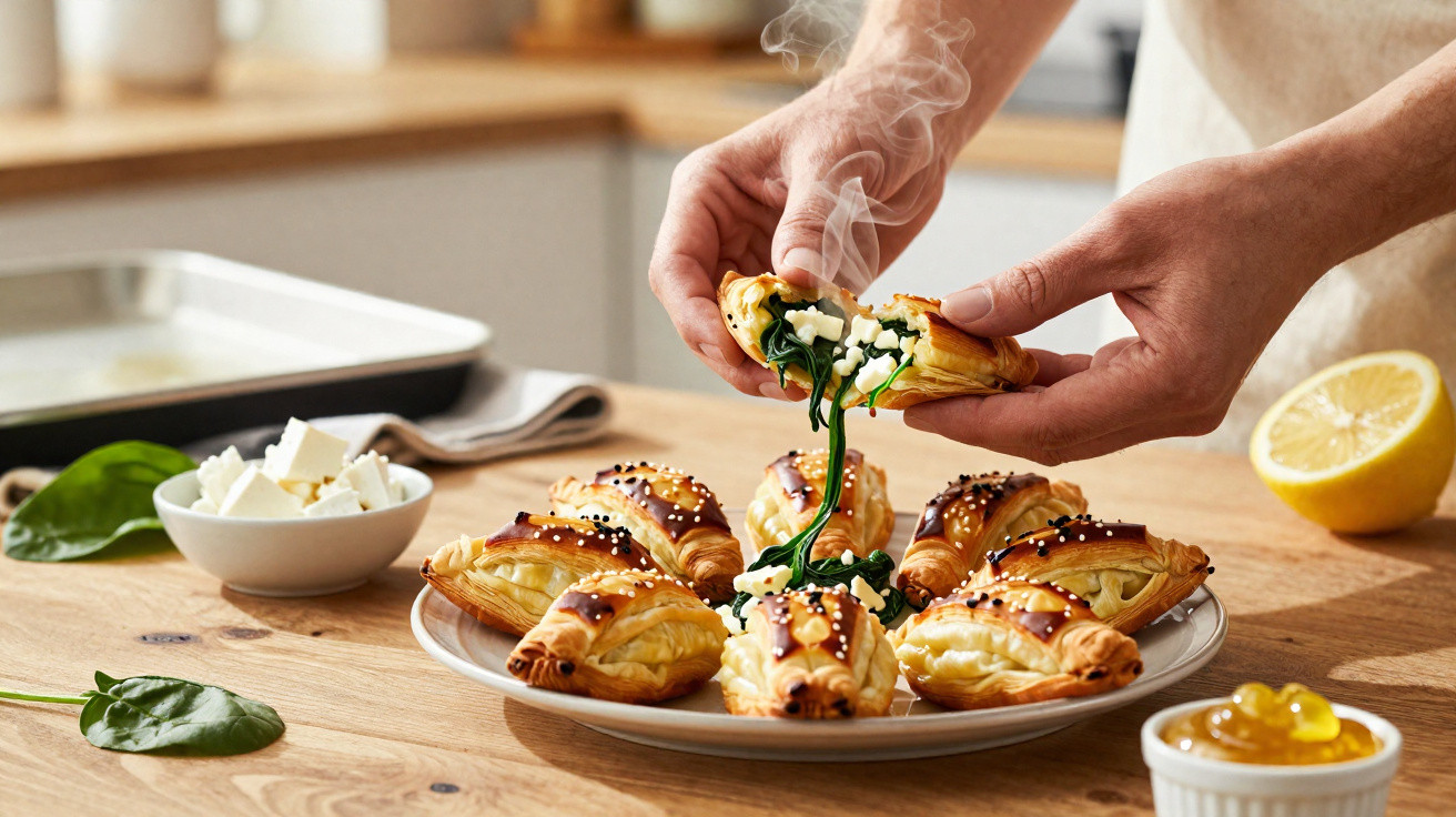 Mãos a partir folhado quente recheado com espinafres e queijo feta num prato com outros folhados na mesa de madeira.