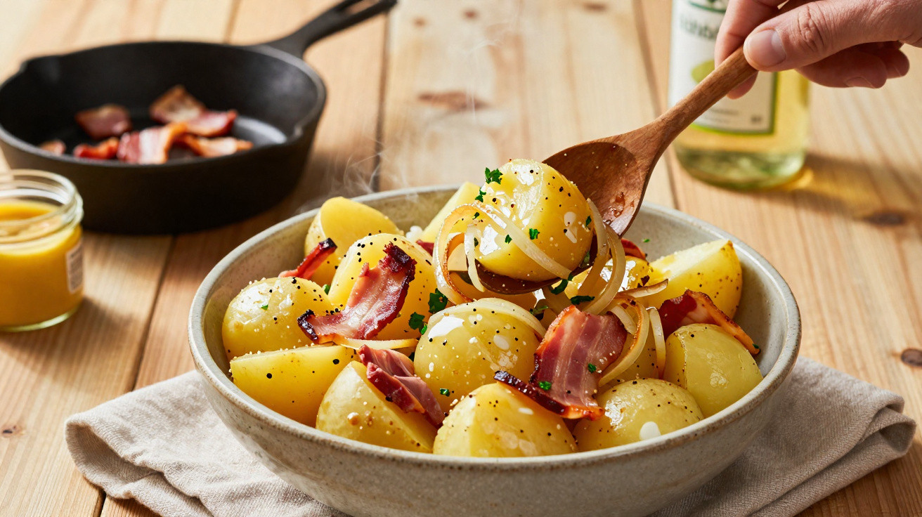 Tigela com batatas ao vapor, bacon crocante, cebola e salsa, com panela e mostarda ao fundo.