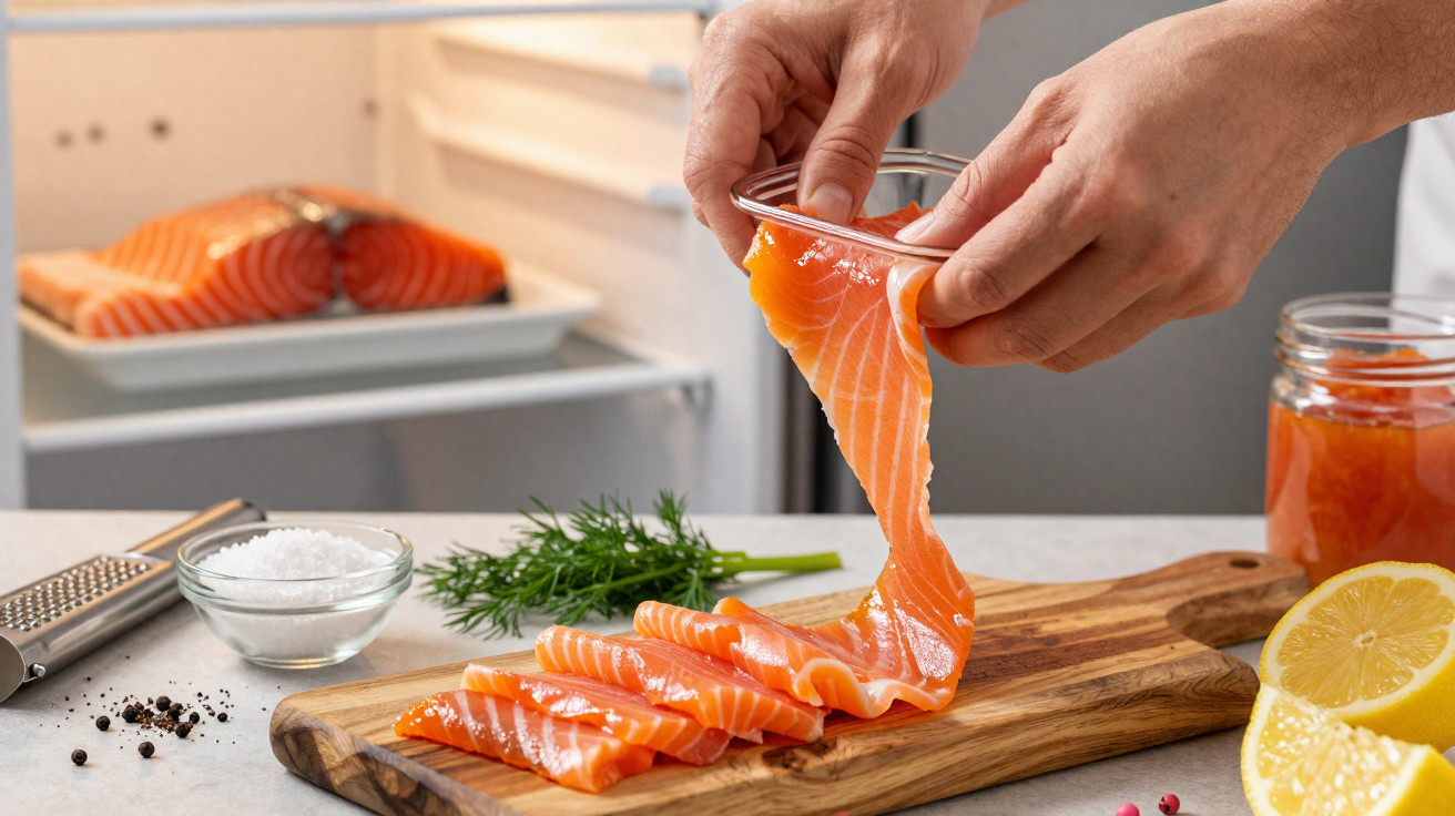 Mãos a colocar fatias finas de salmão fresco numa tábua de madeira com limão, dill e especiarias ao lado.