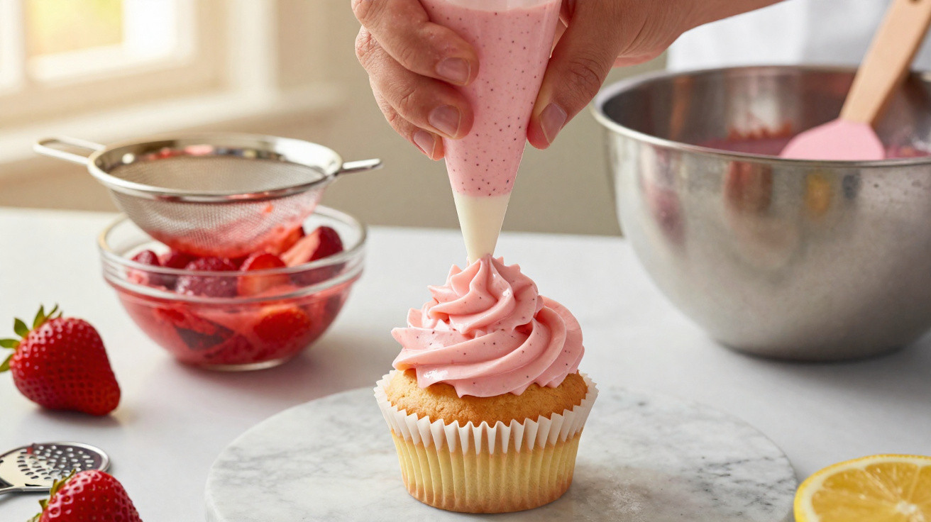 Mão a decorar um cupcake com chantilly rosa, com morangos e utensílios de cozinha ao fundo.