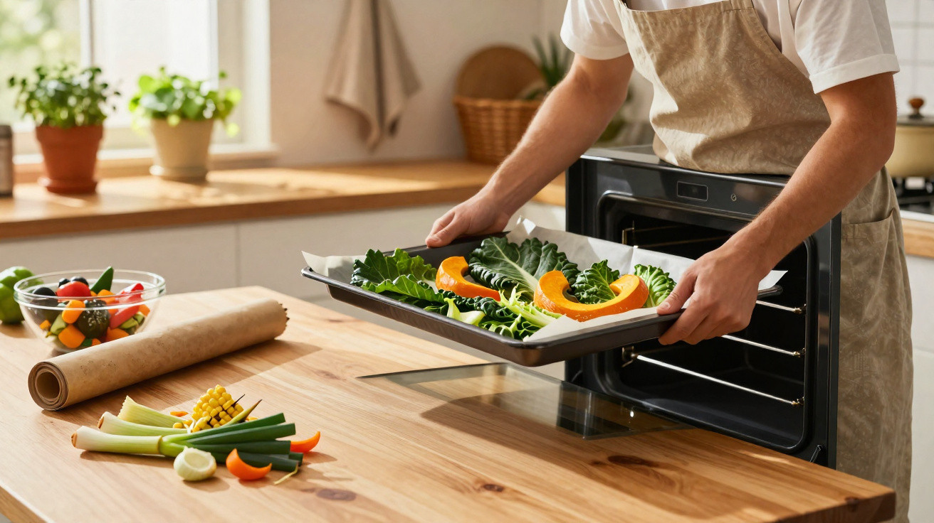 Pessoa a colocar tabuleiro com legumes num forno numa cozinha bem iluminada.