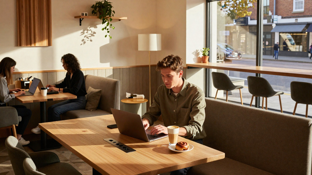 Pessoa a trabalhar num laptop numa cafetaria moderna com outras pessoas ao fundo, luz natural entra pela janela.