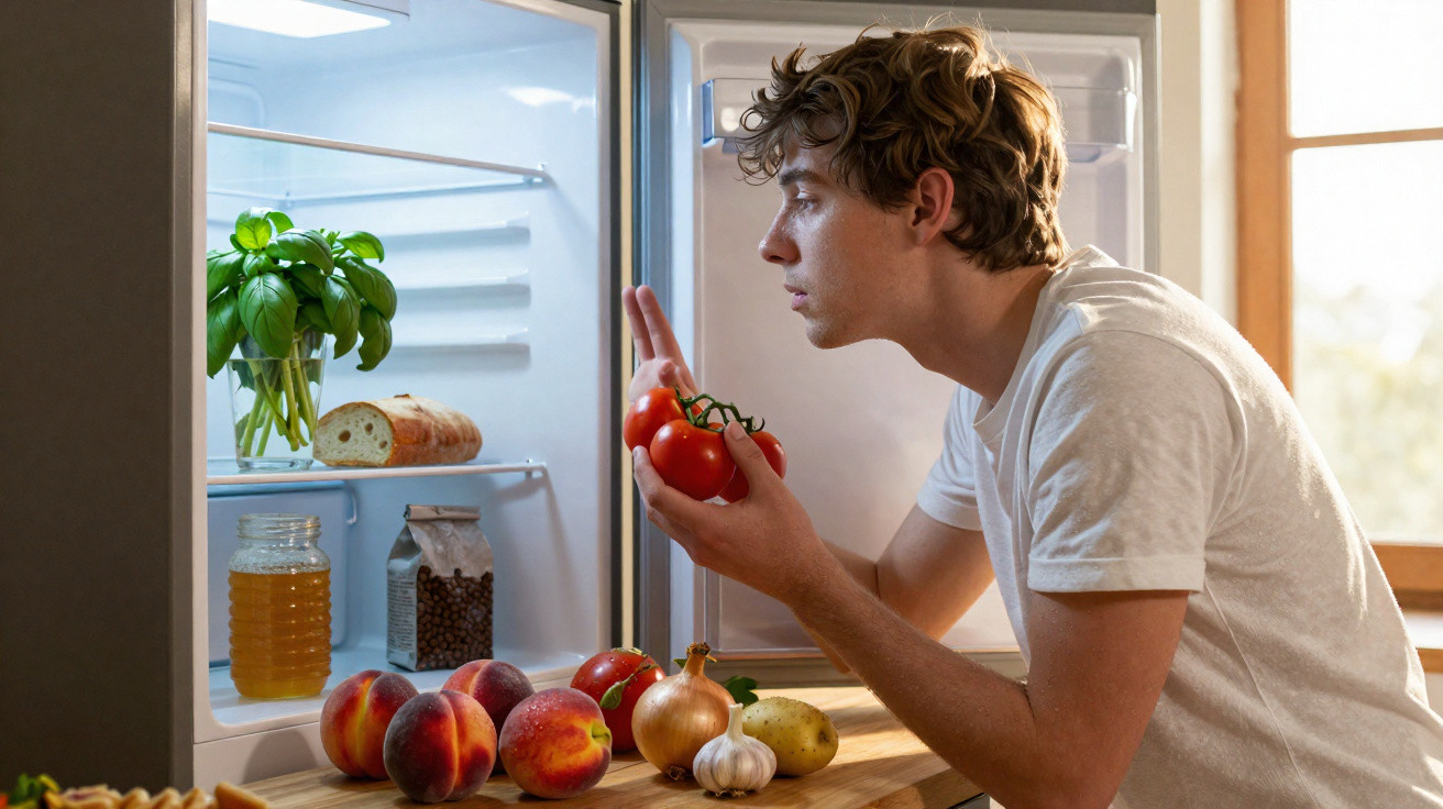 Homem examina tomate na cozinha à frente de frigorífico aberto com alimentos frescos.