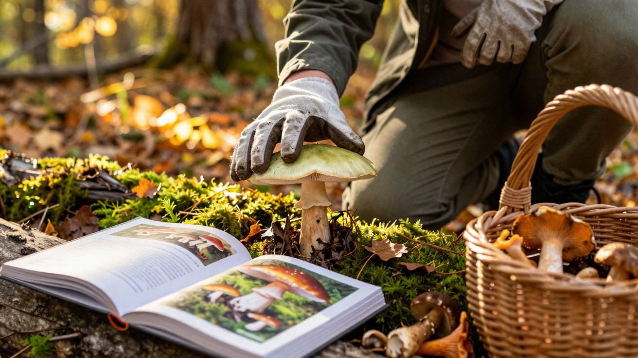 Pessoa com luvas a colher cogumelo numa floresta perto de livro de identificação e cesta com cogumelos.