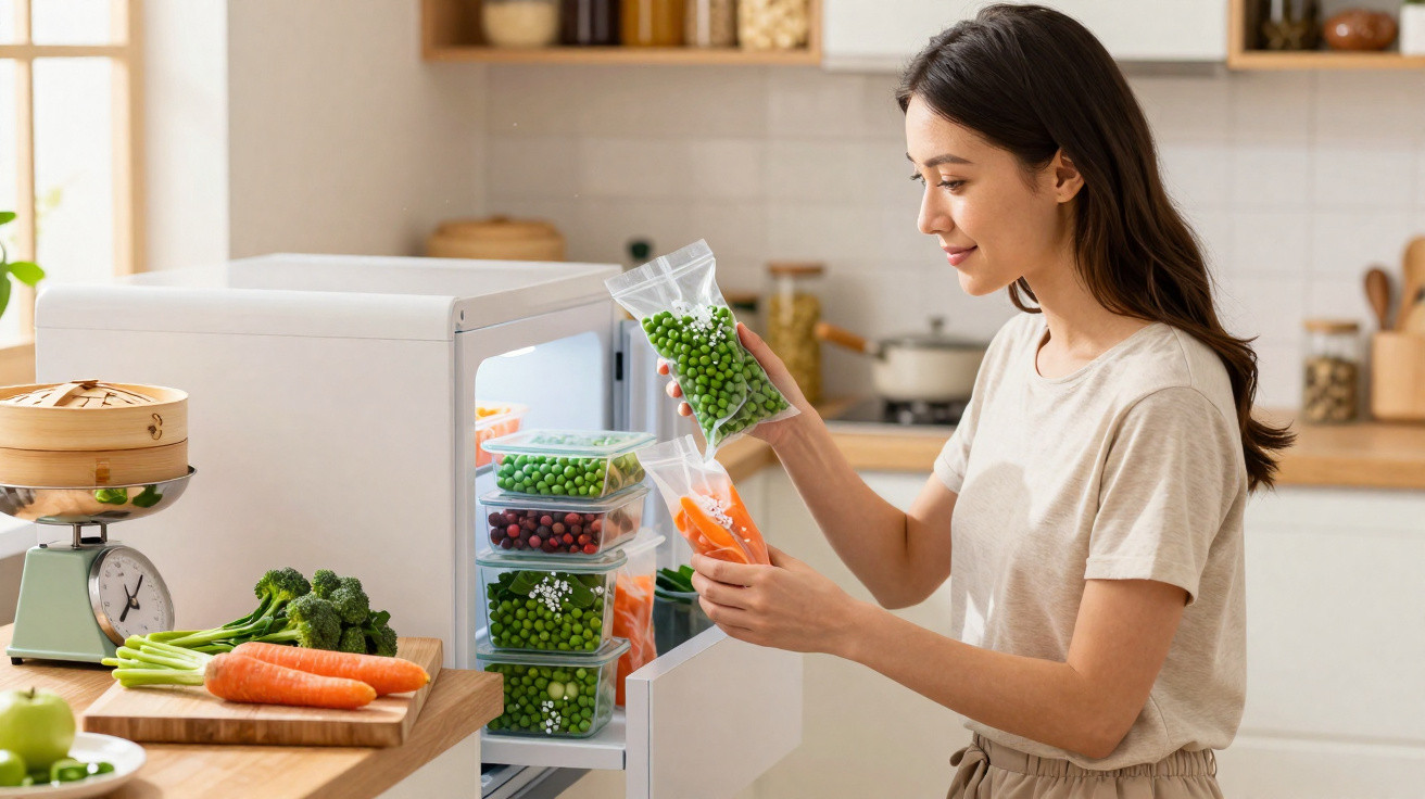 Mulher a organizar vegetais congelados dentro do congelador numa cozinha moderna.