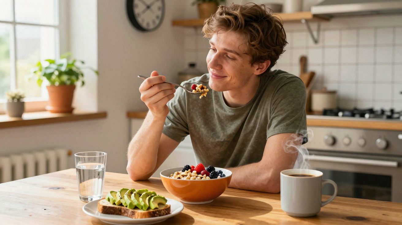 Jovem sorridente sentado à mesa a comer cereais com frutos vermelhos, torrada de abacate, água e chá fumegante.