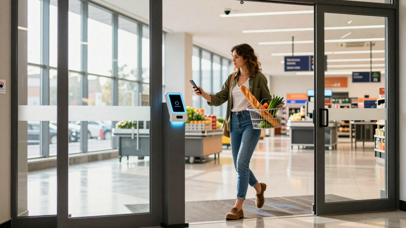 Mulher com cesto de compras usa telemóvel para passar em leitor na entrada automática de supermercado.