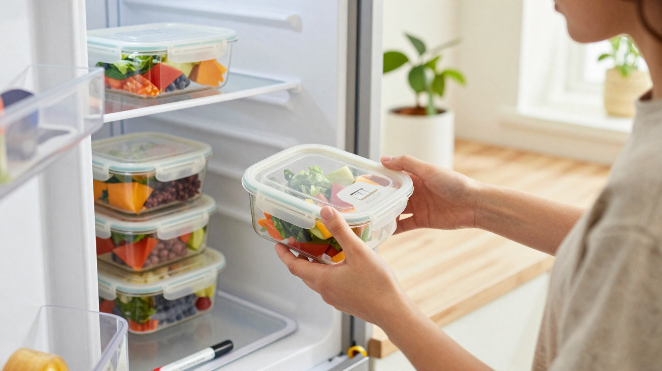 Pessoa a guardar recipientes plásticos com saladas frescas em frigorífico doméstico branco.
