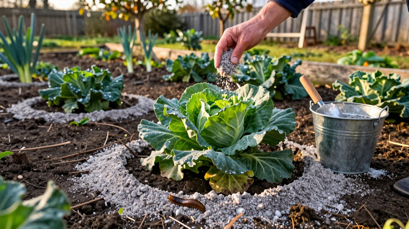 Mão a espalhar fertilizante em couve num jardim com círculos brancos no solo e balde metálico ao lado.