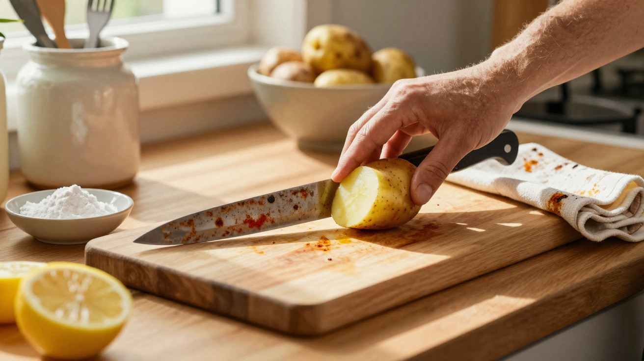 Mão a cortar batata ao meio com faca num tabuleiro de madeira numa bancada de cozinha iluminada.