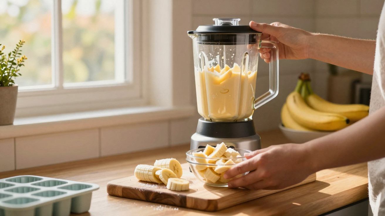 Pessoa a preparar batido de banana com liquidificador numa cozinha luminosa.