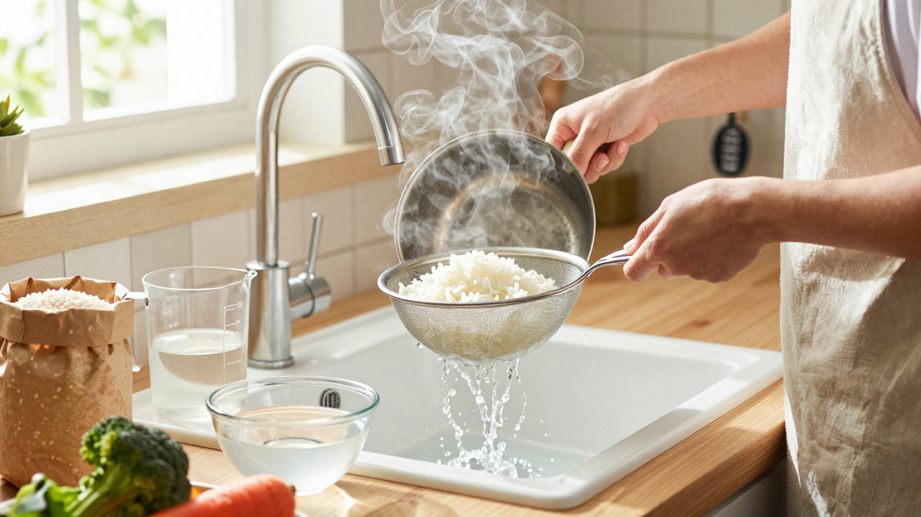 Pessoa a coar arroz cozido num passador sobre a pia numa cozinha bem iluminada.