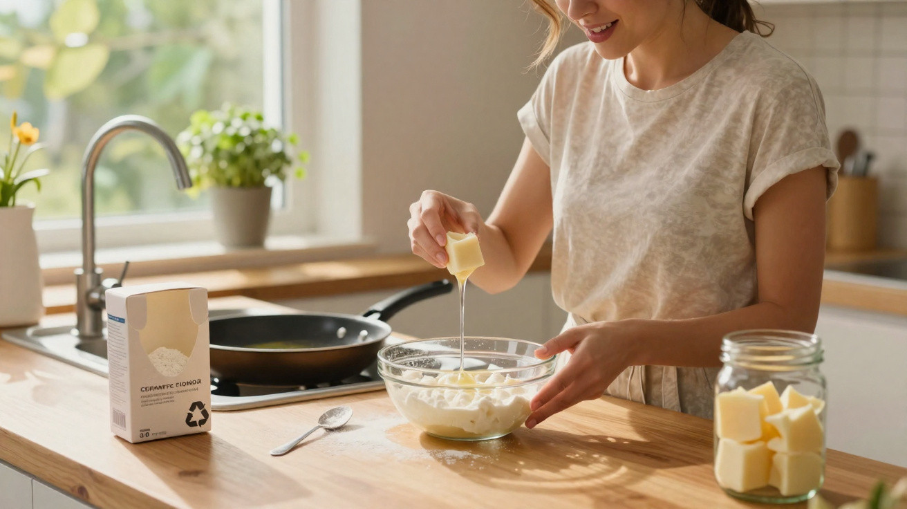 Mulher partindo um cubo de manteiga sobre uma tigela com ingredientes numa cozinha luminosa.