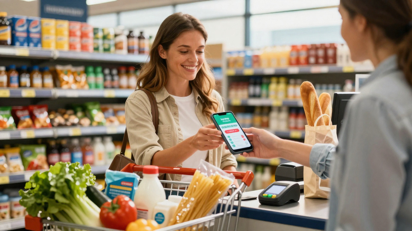 Mulher a pagar compras com smartphone numa caixa de supermercado com carrinho cheio de alimentos variados.