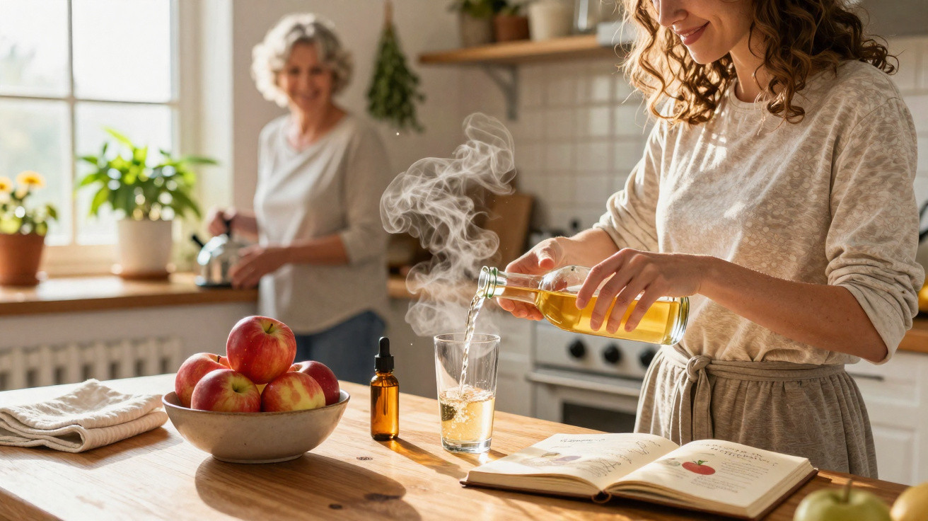 Mulher a preparar chá no interior de uma cozinha moderna com maçãs numa mesa e outra mulher ao fundo.