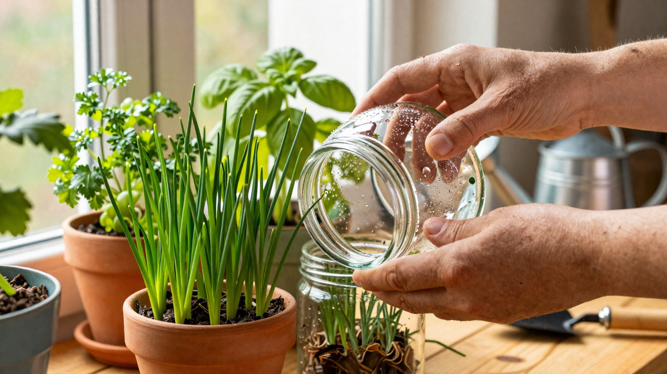 Mãos a verter água de um frasco para um vaso com plantas aromáticas junto a uma janela.