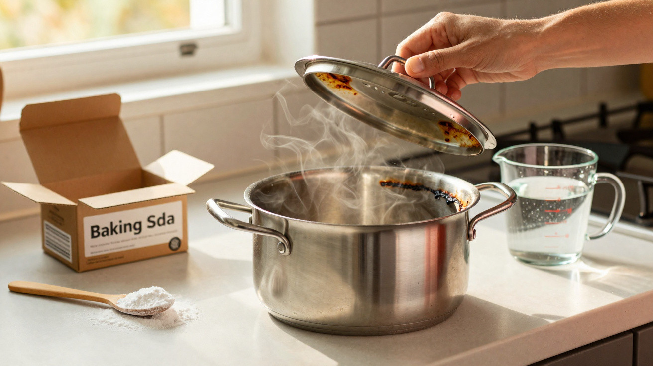 Panela de inox com comida queimada e vapor, caixa de bicarbonato de sódio aberta e colher com pó branco sobre bancada.