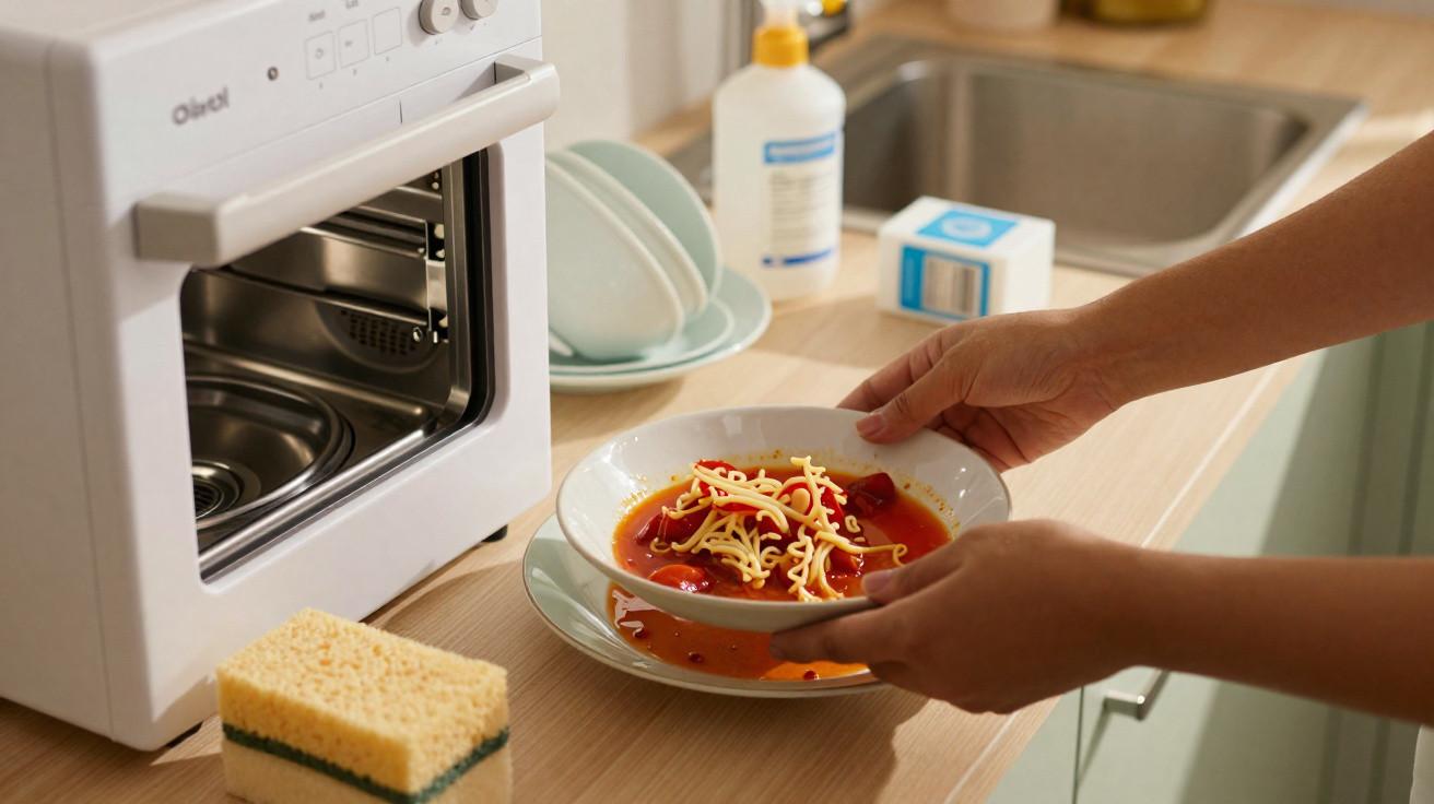 Pessoa a colocar prato com sopa de tomate e macarrão ao lado de forno e esponja na cozinha.