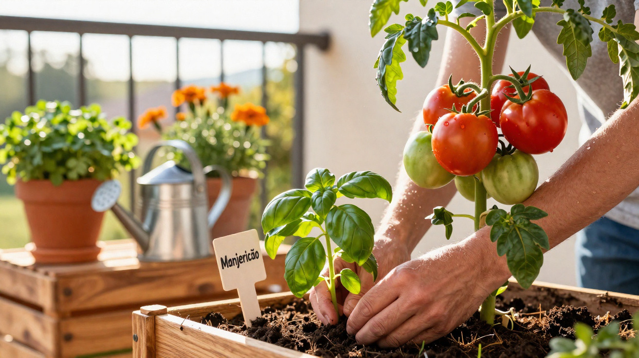 Pessoa a cuidar de manjericão junto a uma planta de tomate com frutos maduros num jardim urbano.