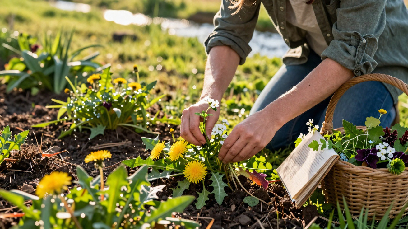 Pessoa a recolher flores brancas num jardim com flores amarelas e cesta com livro ao lado.
