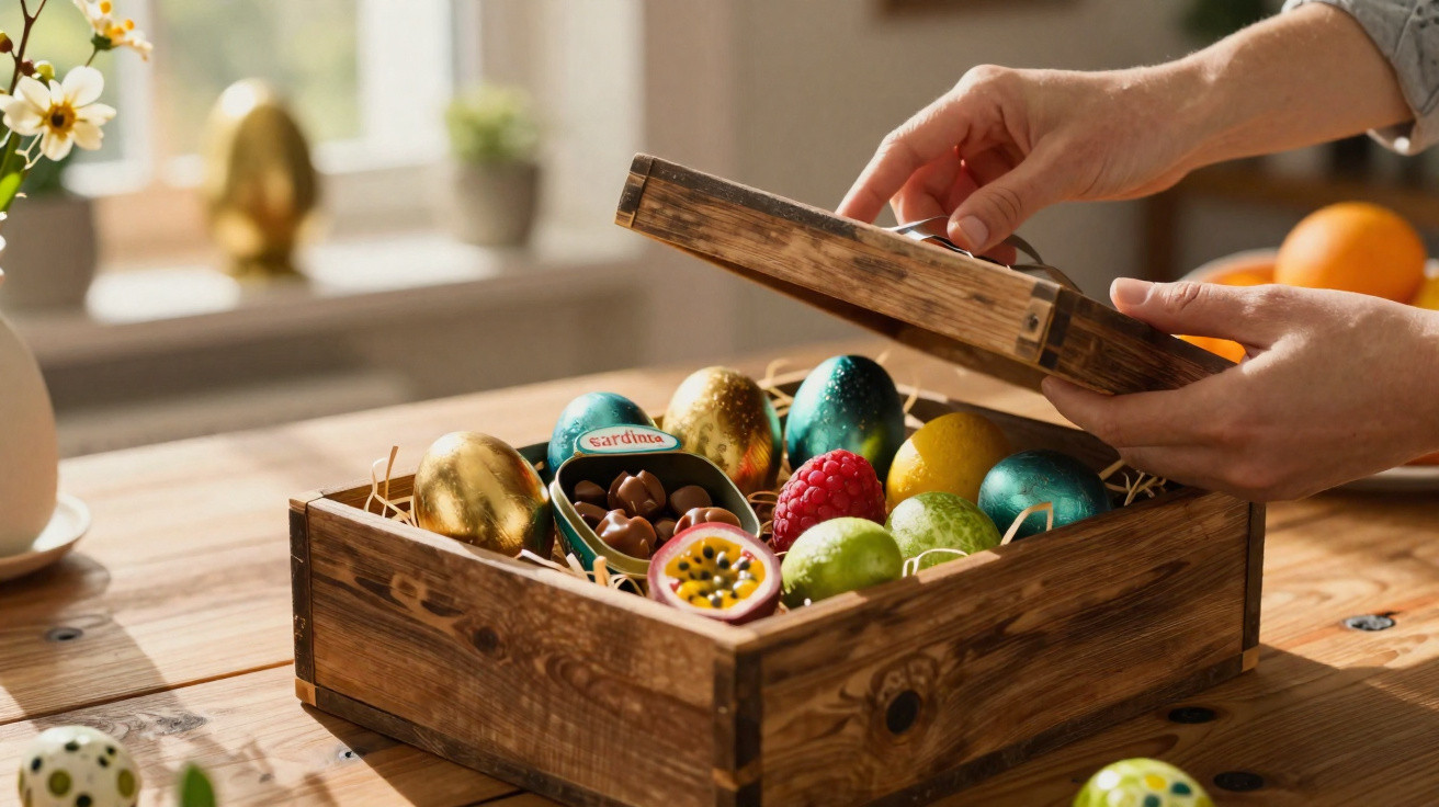 Caixa de madeira com ovos coloridos e chocolates, com mãos a abrir a tampa sobre uma mesa em madeira.