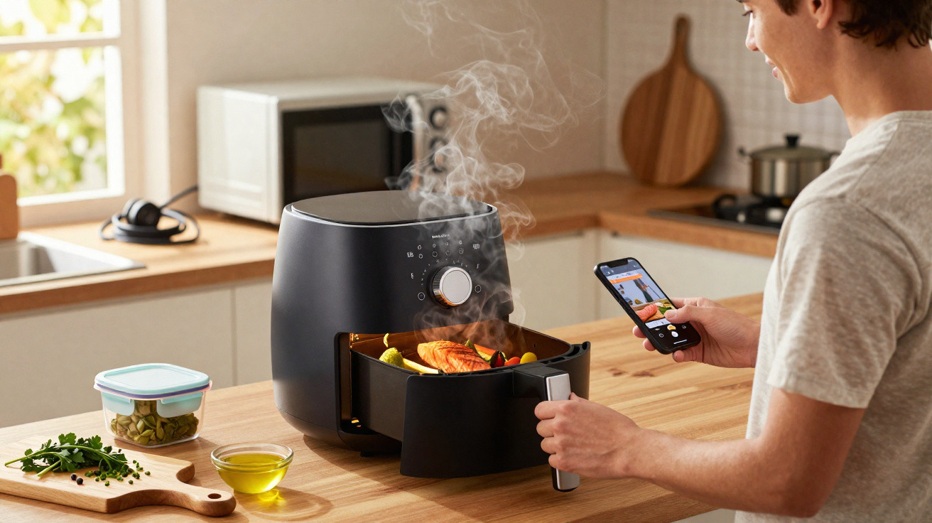 Jovem a retirar comida quente a fumegar de uma fritadeira de ar na cozinha moderna.