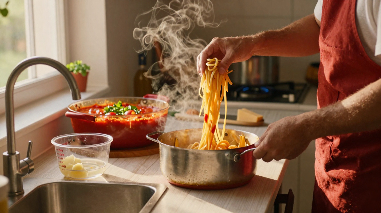 Pessoa a cozinhar esparguete numa panela com molho vermelho num ambiente de cozinha luminosa.