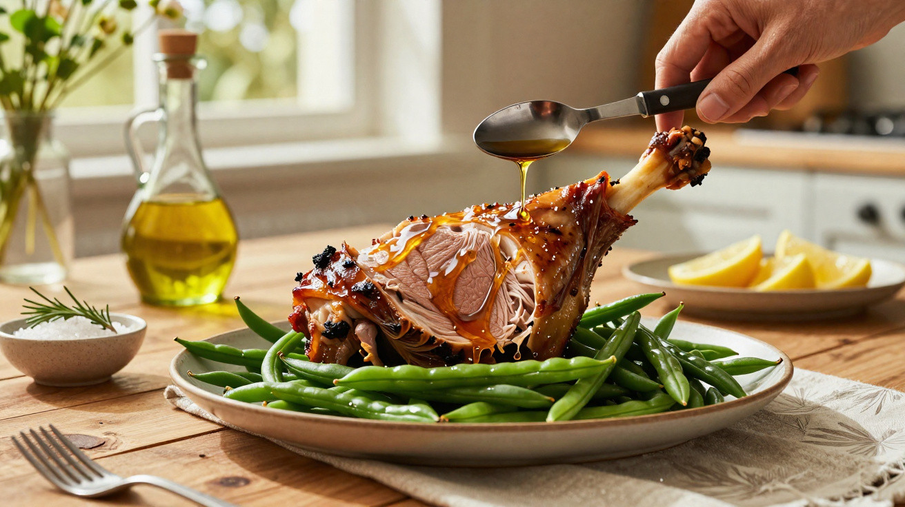 Pernil de carne assada com molho a ser derramado sobre feijão-verde num prato branco.