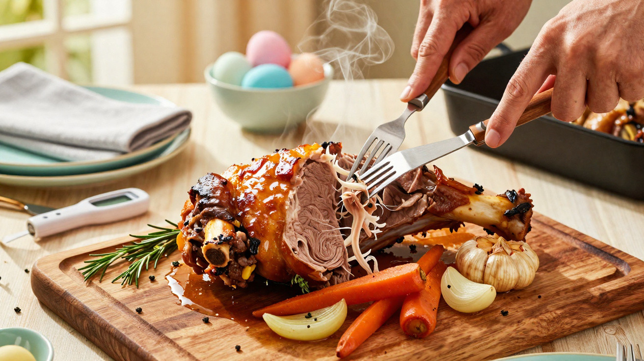 Pernil assado a fumegar com cenouras, alho, cebola e alecrim numa tábua de madeira, cortado com garfos.