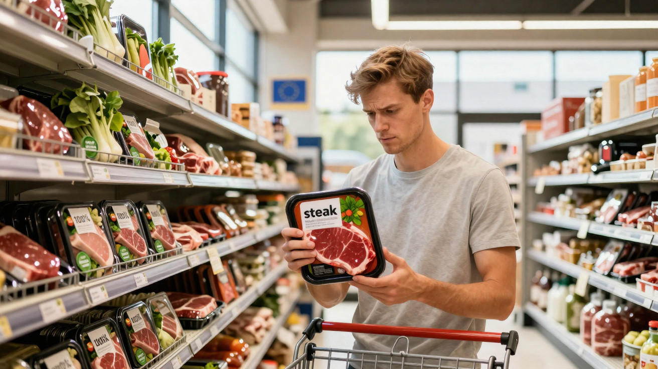 Homem jovem escolhe embalagem de bife na secção de carnes de supermercado moderno com carrinho de compras vazio.