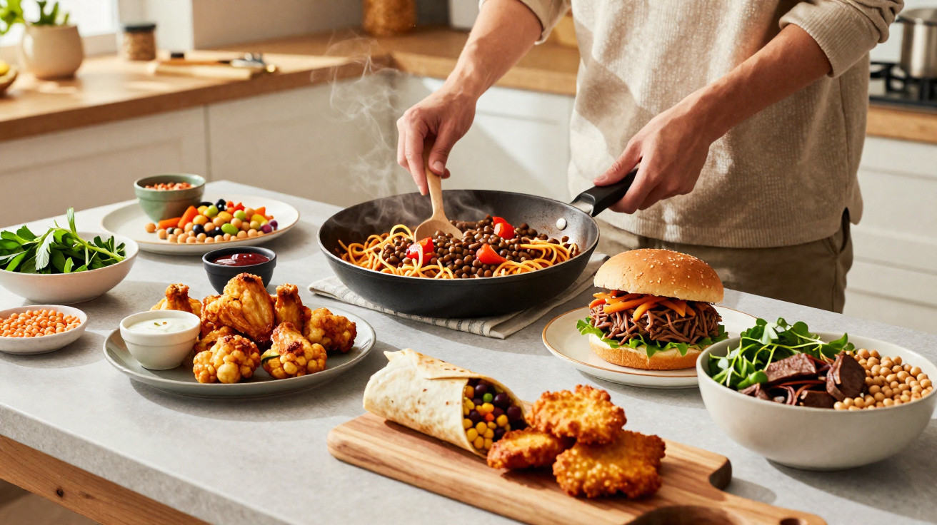 Pessoa a mexer spaghetti com lentilhas numa frigideira, rodeada de pratos com comida vegetariana e legumes variados na cozinh