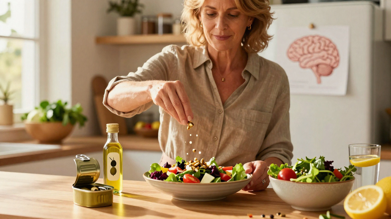 Mulher adulta tempera salada fresca numa cozinha luminosa, com azeite, limão e atum em lata na mesa.