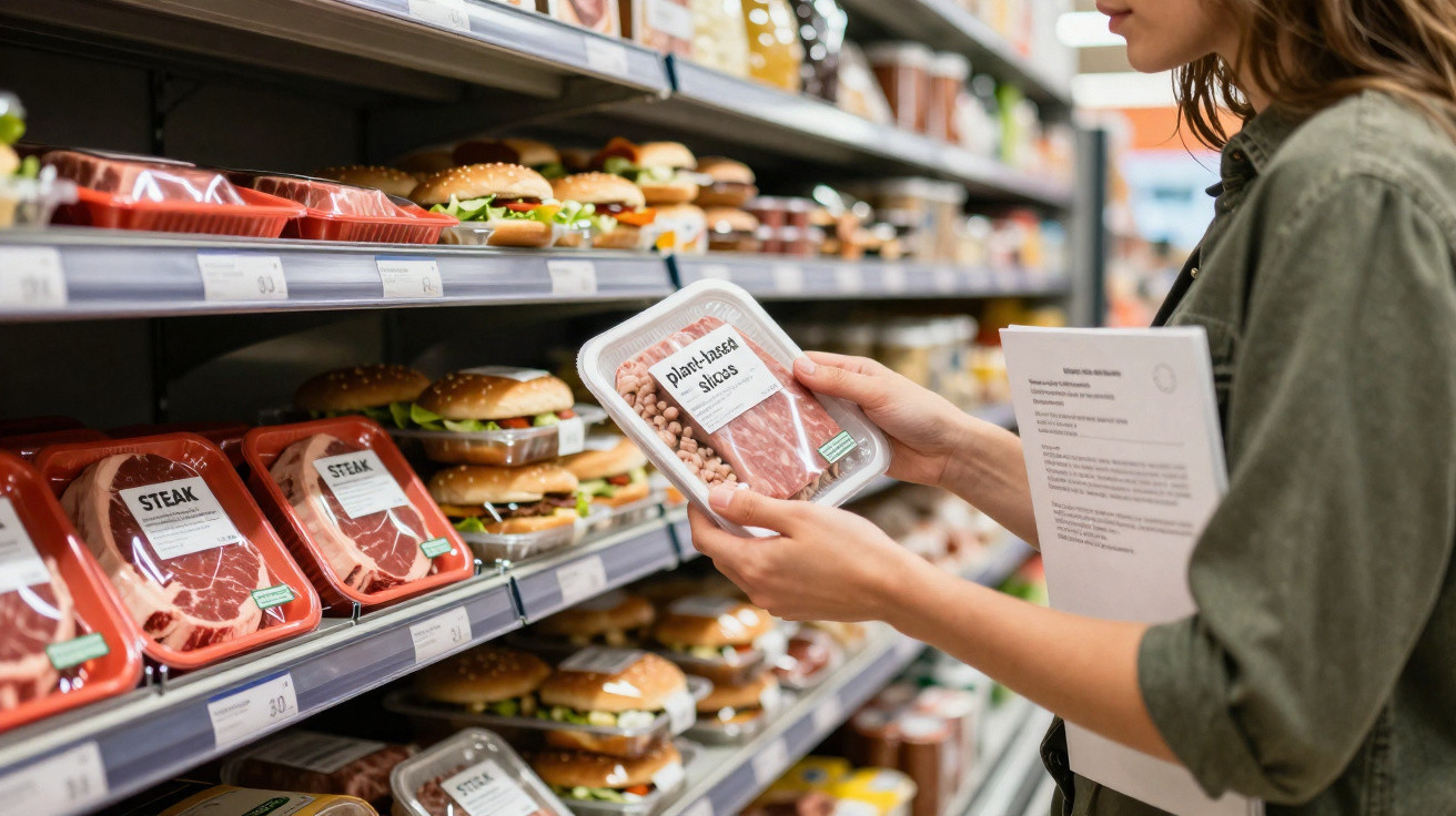 Mulher em supermercado a segurar embalagem de carne processada, com hamburgers embalados na prateleira.
