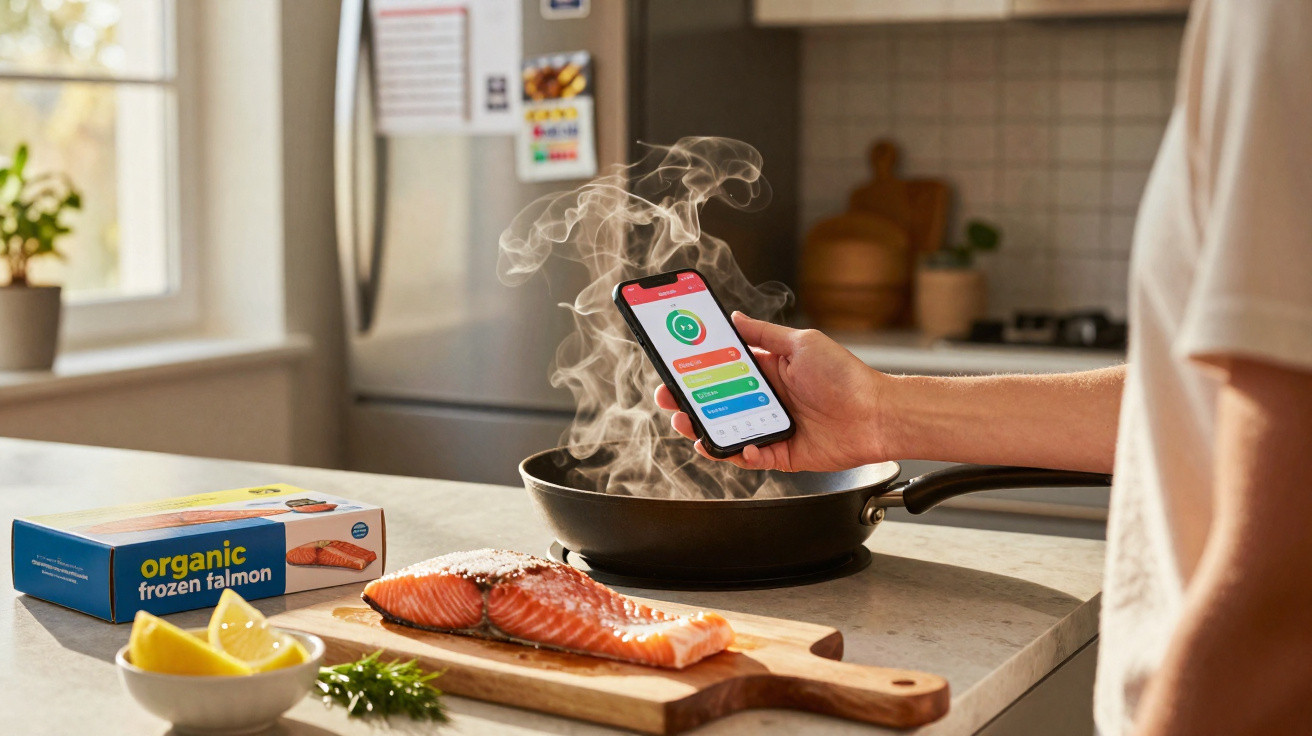 Pessoa a usar telemóvel para controlar temperatura enquanto cozinha salmão numa frigideira com vapor na cozinha.