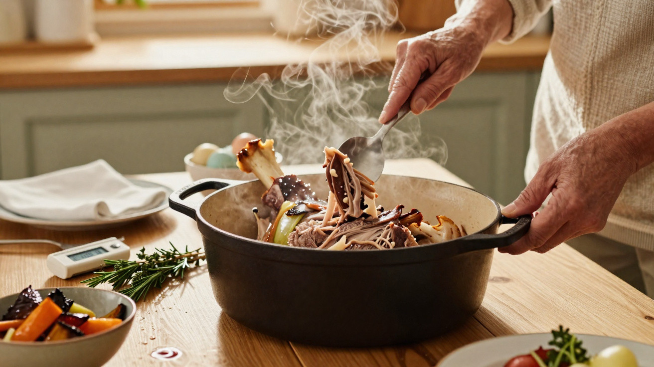 Mãos a servir carne quente num tacho de ferro, com vapor e legumes à volta numa mesa de cozinha.
