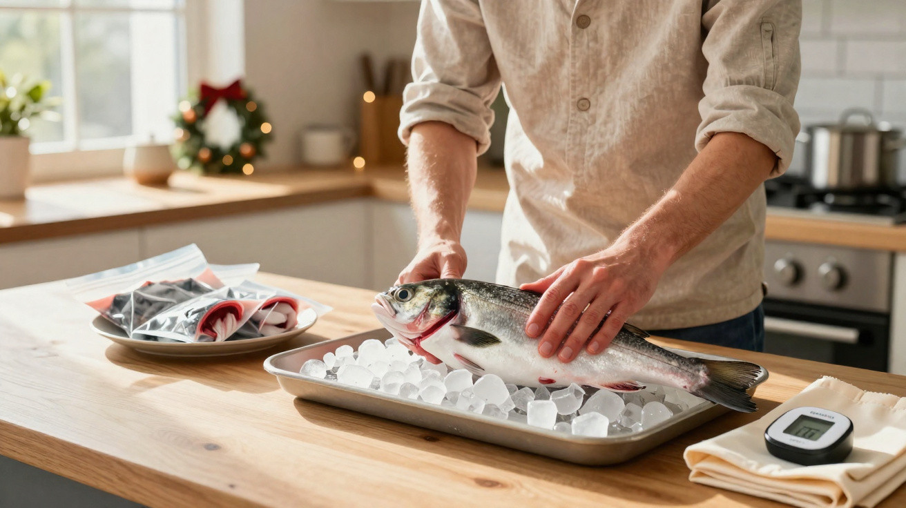 Pessoa a preparar peixe fresco sobre gelo numa bandeja numa cozinha moderna.