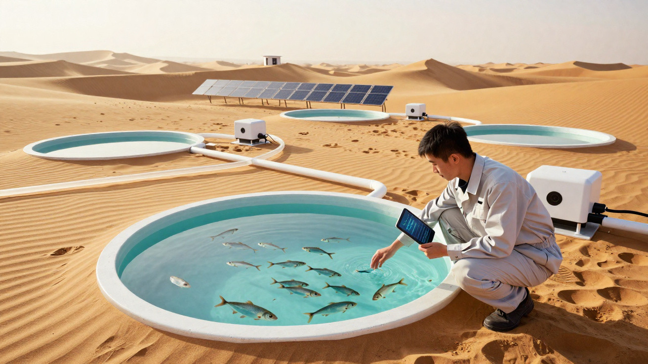 Homem a observar peixes em tanques de aquaponia no deserto, com painéis solares ao fundo.
