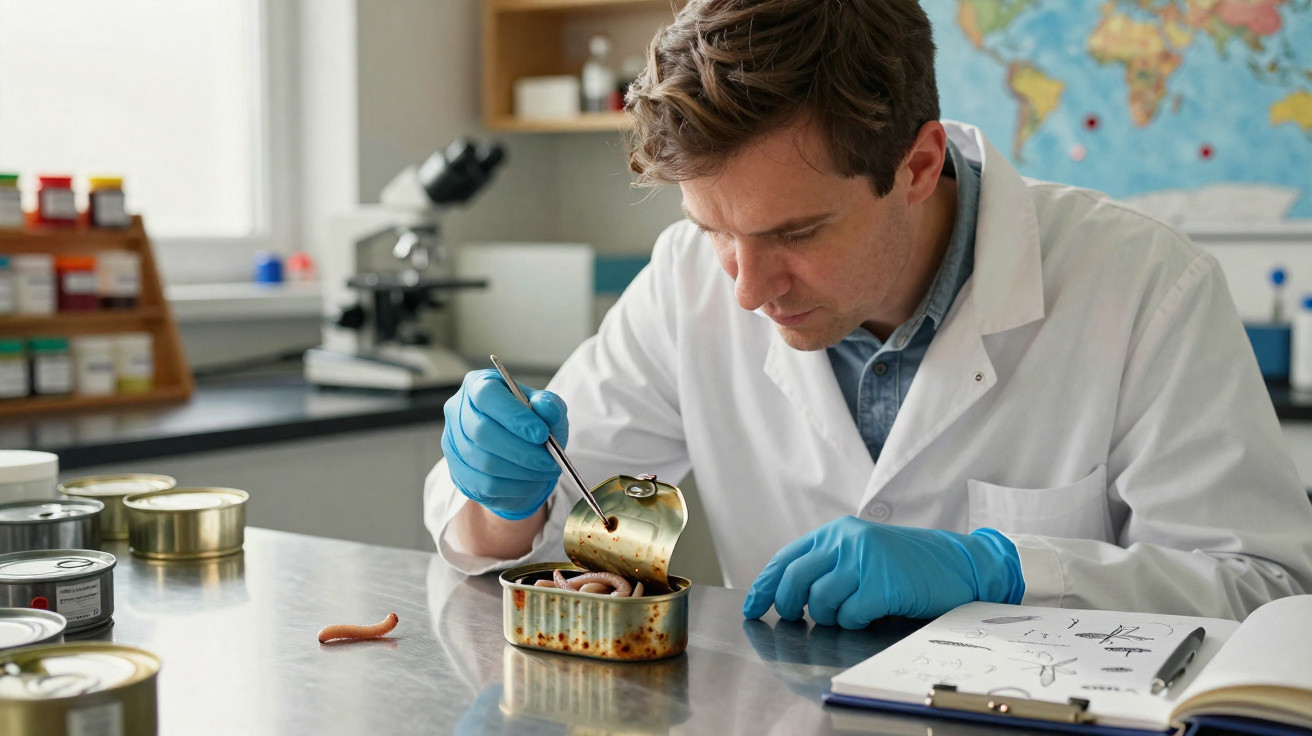 Cientista com luvas azuis examina minhocas numa lata metálica em laboratório, com microscópio ao fundo.