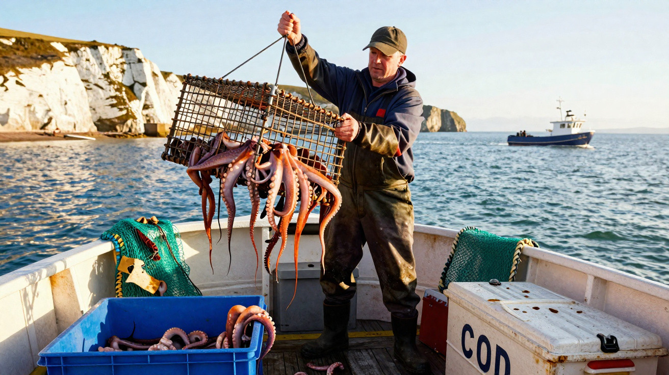 Pescador a retirar polvo de uma armadilha a bordo de um barco, com falésias ao fundo.