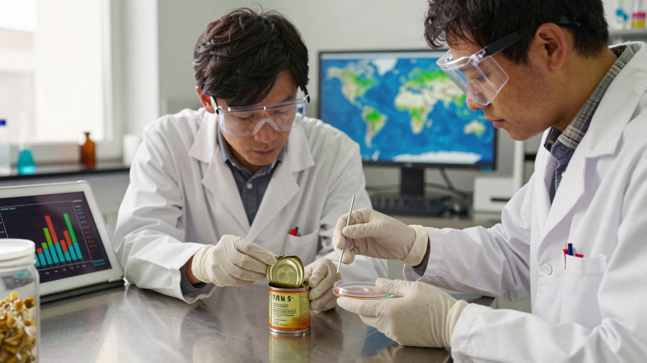 Dois cientistas com bata e luvas a analisar uma amostra de alimento enlatado num laboratório.