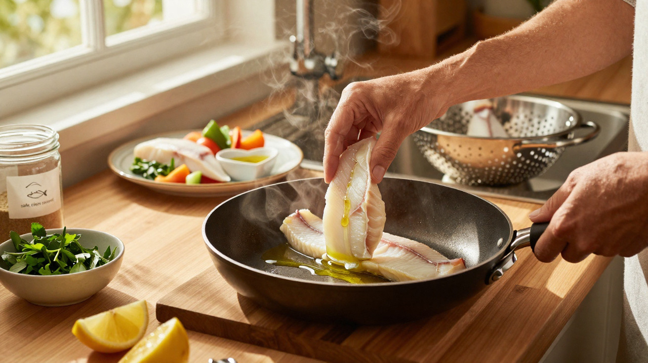 Pessoa a colocar filetes de peixe numa frigideira com azeite num ambiente de cozinha iluminado pela luz natural.