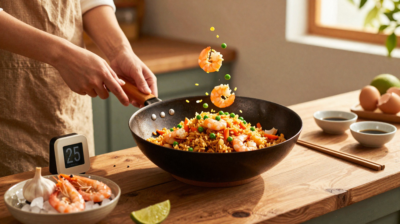 Pessoa a cozinhar arroz frito com camarão e legumes numa frigideira numa cozinha iluminada.