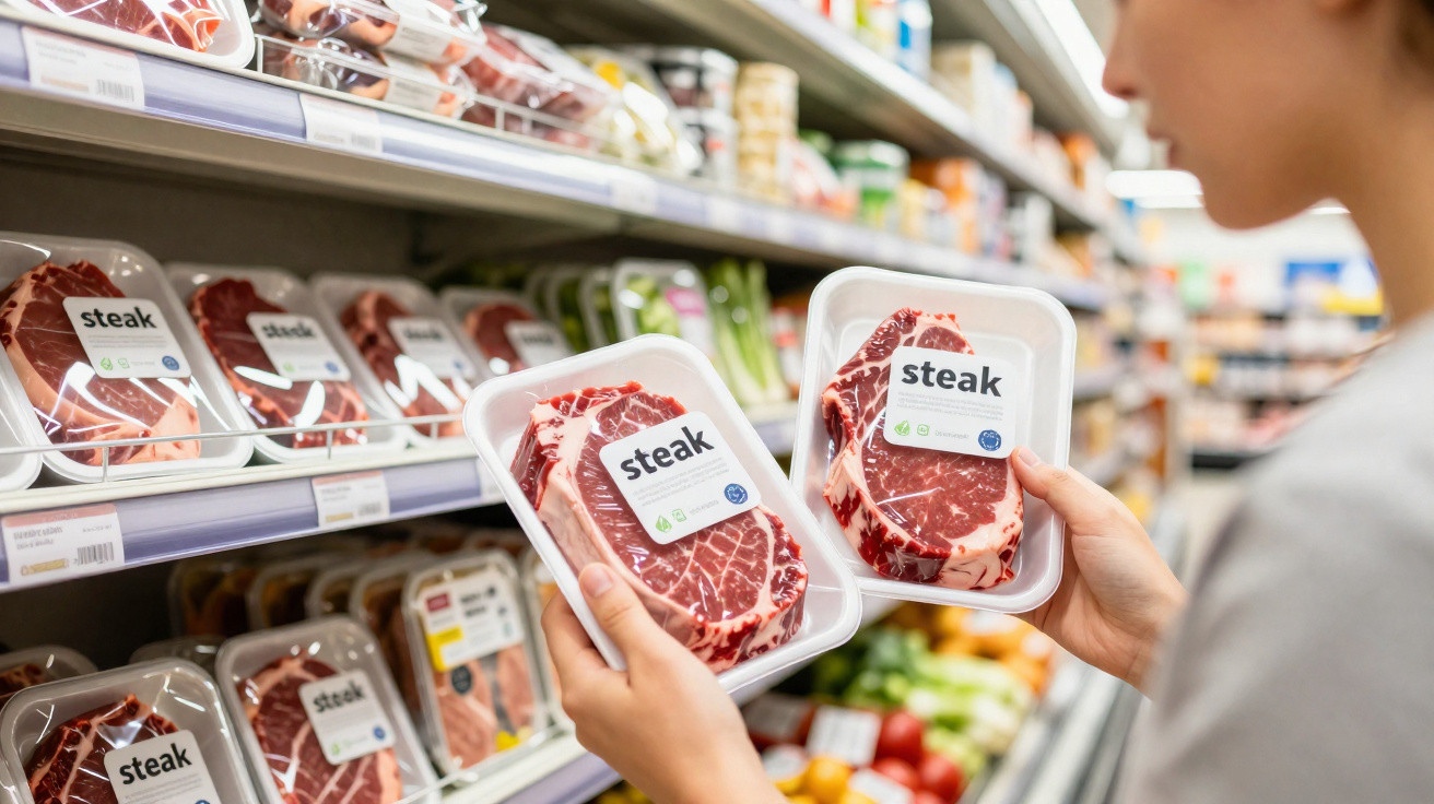 Pessoa a segurar dois pacotes de bife embalados à vácuo numa secção de carne em supermercado.