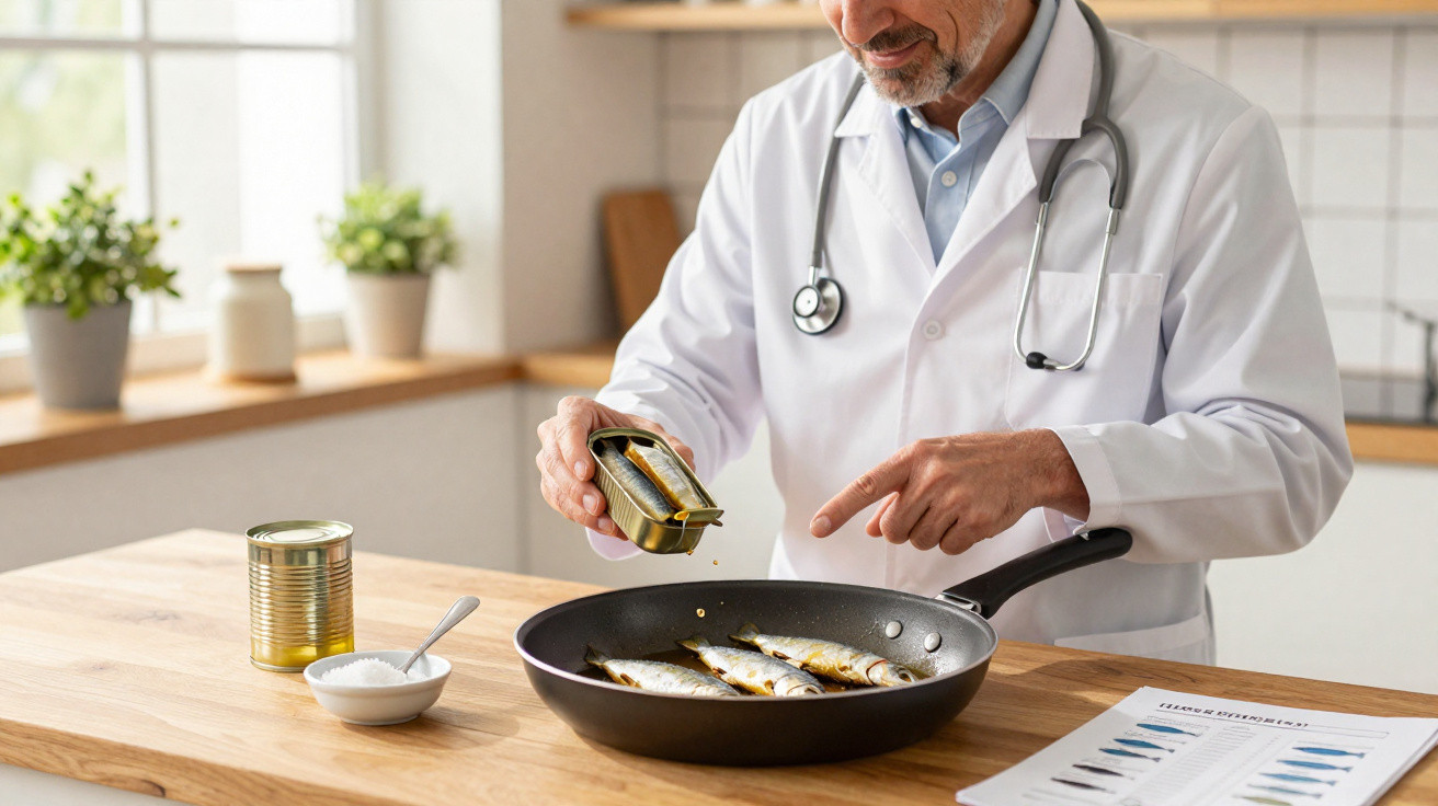 Médico tempera sardinhas numa frigideira numa cozinha luminosa com ingredientes ao lado e gráfico de peixes na mesa.
