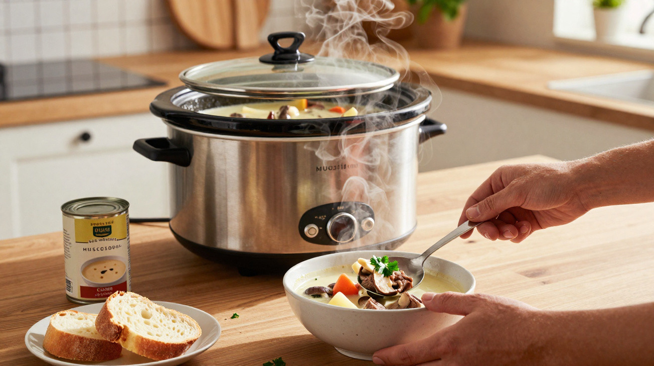 Panela elétrica a cozinhar sopa fumegante, com tigela e fatias de pão numa bancada de cozinha.