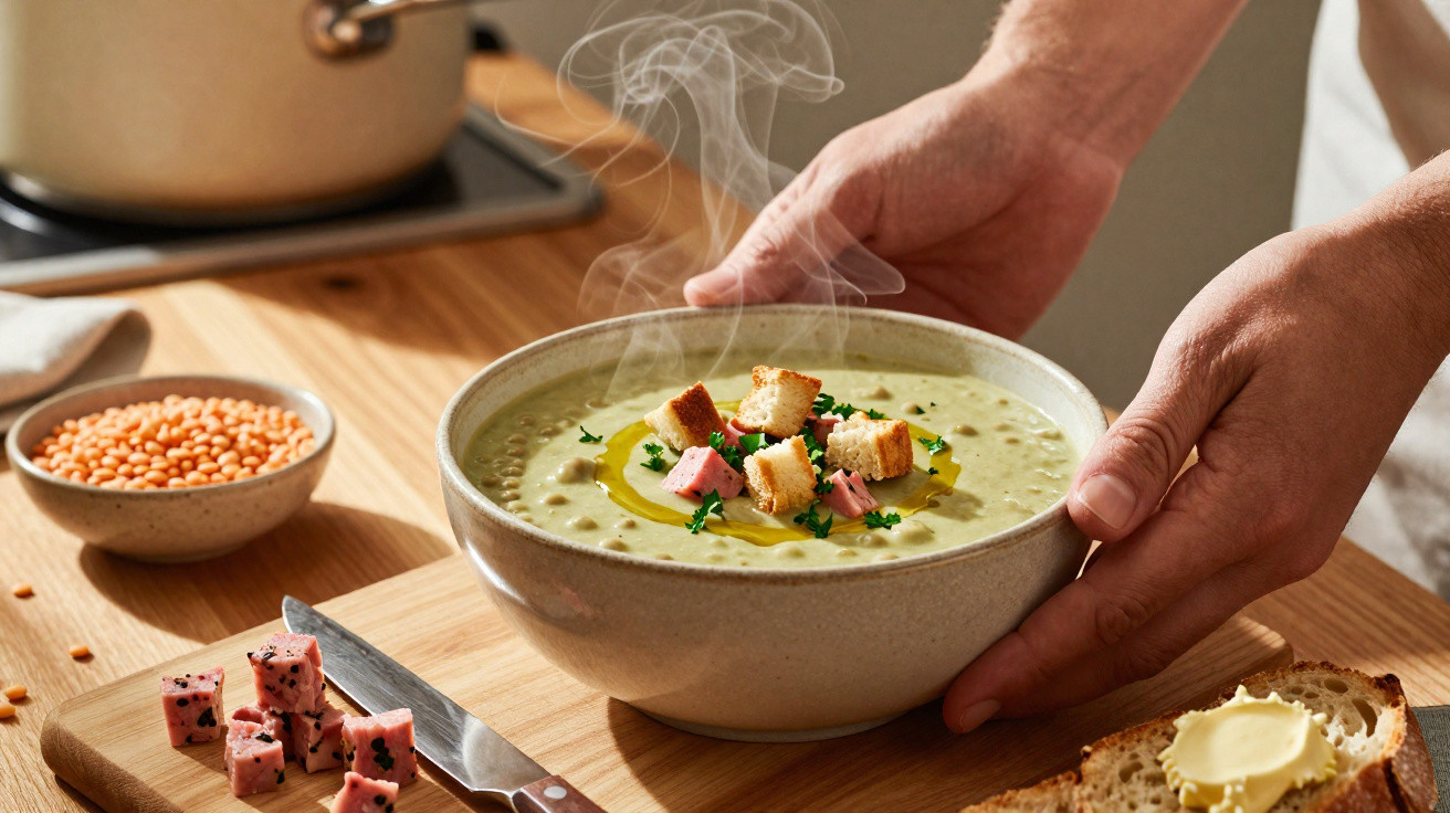 Sopa cremosa fumegante com croûtons, cubos de fiambre e ervas numa tigela nas mãos sobre bancada de madeira.